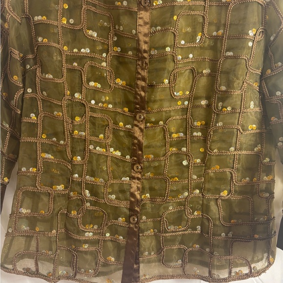 90’s VTG Satin Sequin Semi Sheer Textured Brown Gold Women’s Button Down Size M - Picture 4 of 14
